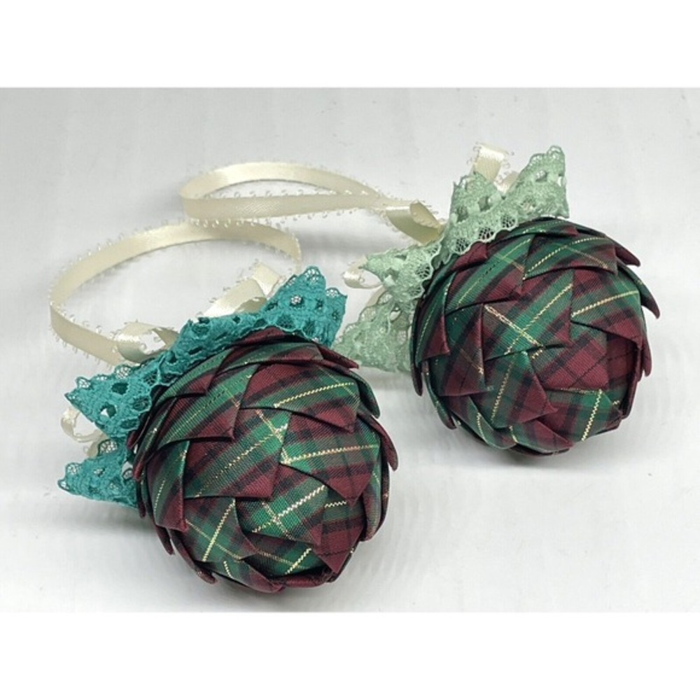 Green Plaid Ribbon and Lace Pine Cone Christmas Ornaments Set of 2 Vintage